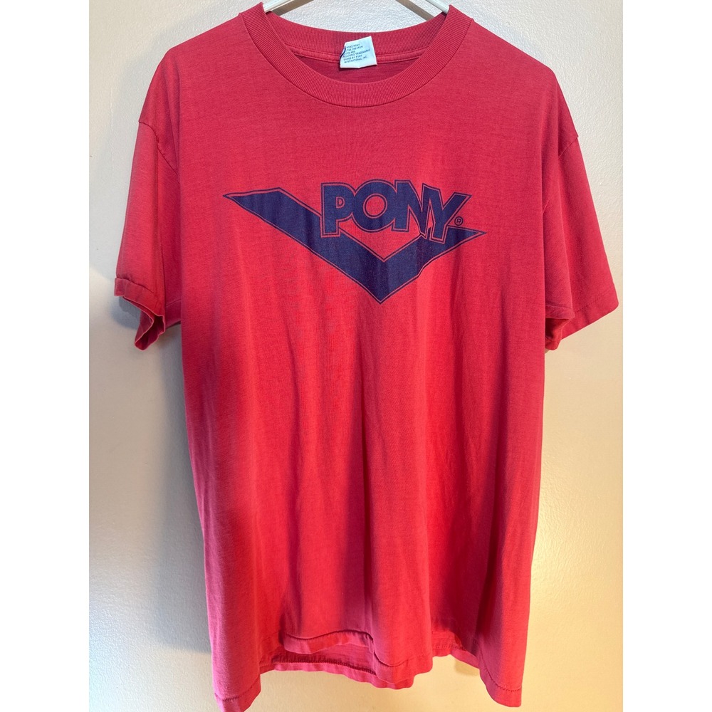 Vintage Pony Logo Graphic T-Shirt Red Mens Large Short Sleeve Chevron Tee